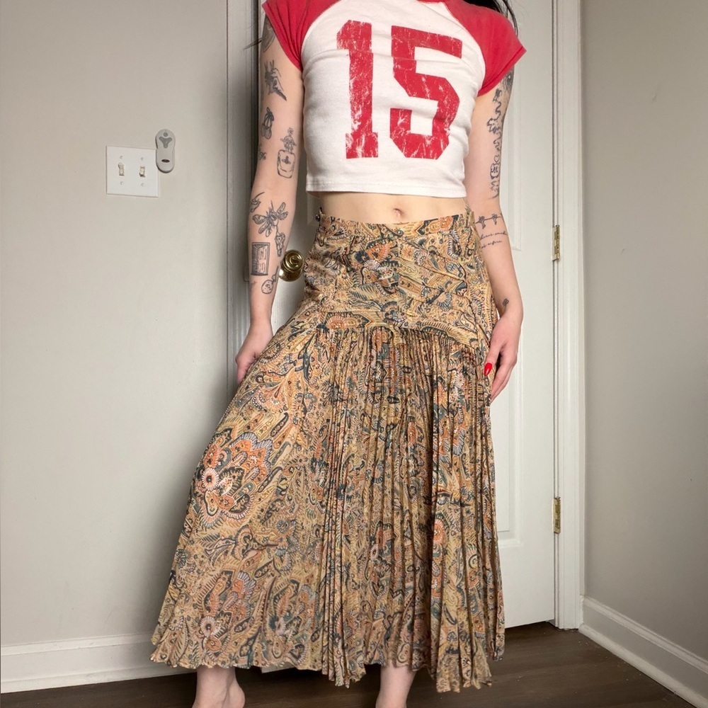 Anthropologie yellow Paisley Pleated Skirt Small